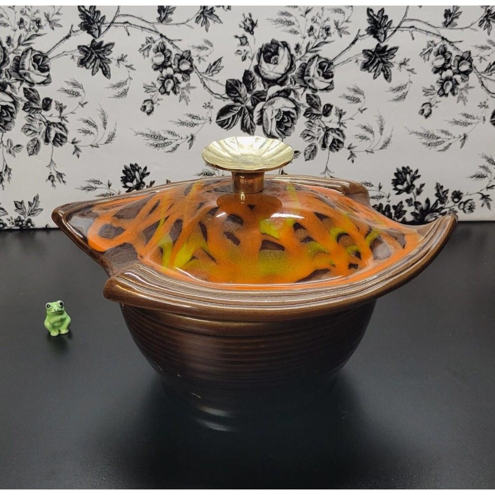 California Original Pottery USA Orange Yellow Lava Drip Glaze Covered Dish 832